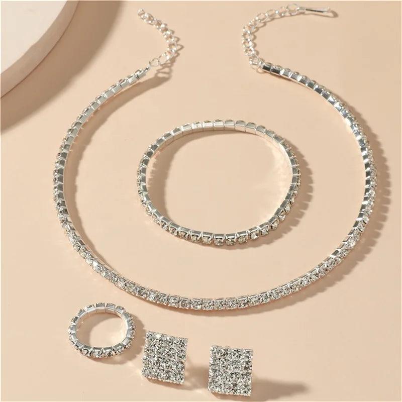 Bridal Jewelry Set For Women Wedding 1-5 Row Rhinestone Choker Necklace Crystal Bracelet Ring Square Stud Earrigns Silver Color.