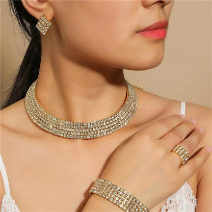 Bridal Jewelry Set For Women Wedding 1-5 Row Rhinestone Choker Necklace Crystal Bracelet Ring Square Stud Earrigns Silver Color.