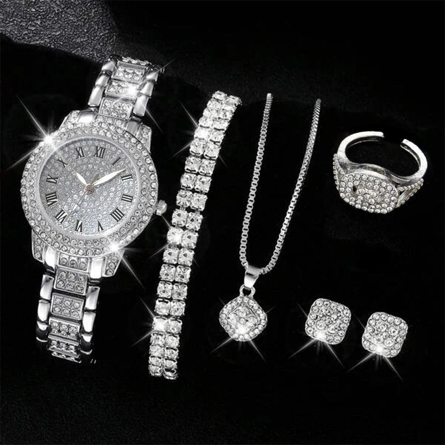 6PCS Women Watch Luxury Elegant Alloy Watch Crystal Wristwatch For Ladies Gift Quartz Watch Alloy Rhinestone Bracelet Montre.