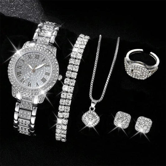 6PCS Women Watch Luxury Elegant Alloy Watch Crystal Wristwatch For Ladies Gift Quartz Watch Alloy Rhinestone Bracelet Montre.