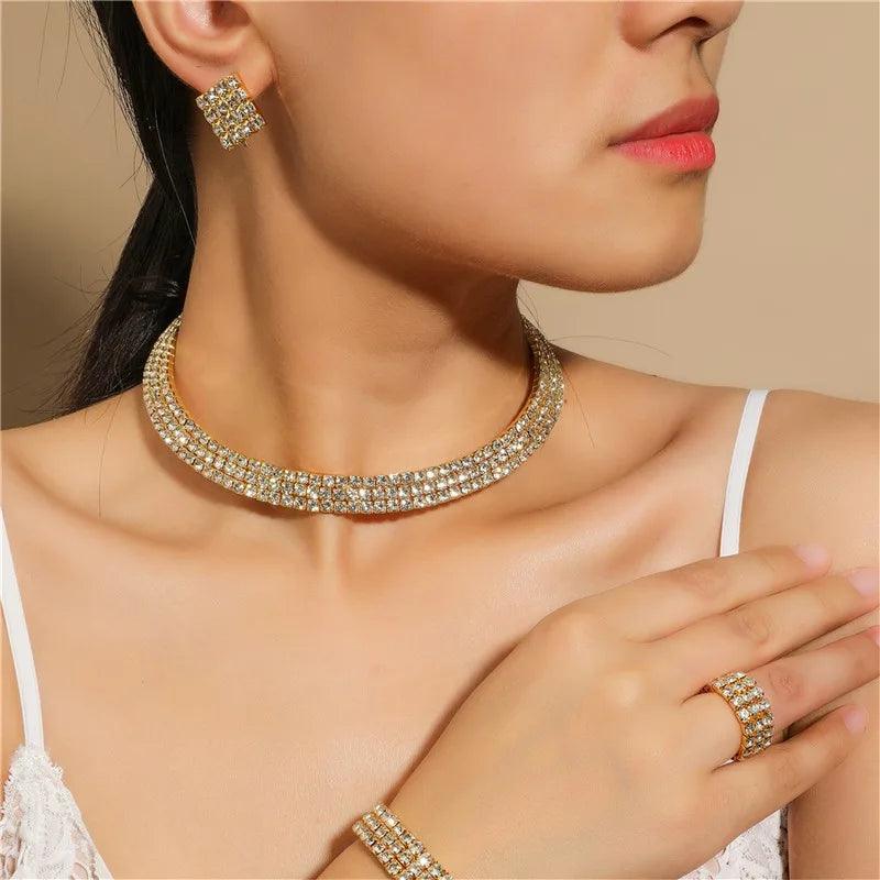 Bridal Jewelry Set For Women Wedding 1-5 Row Rhinestone Choker Necklace Crystal Bracelet Ring Square Stud Earrigns Silver Color.